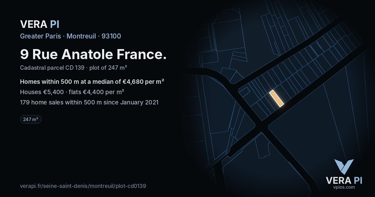 9 Rue Anatole France, Montreuil at night – the plot lit, the parcels around coloured by the prices near them
