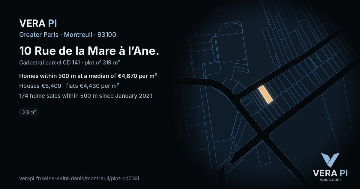 10 Rue de la Mare à l’Ane, Montreuil at night – the plot lit, the parcels around coloured by the prices near them