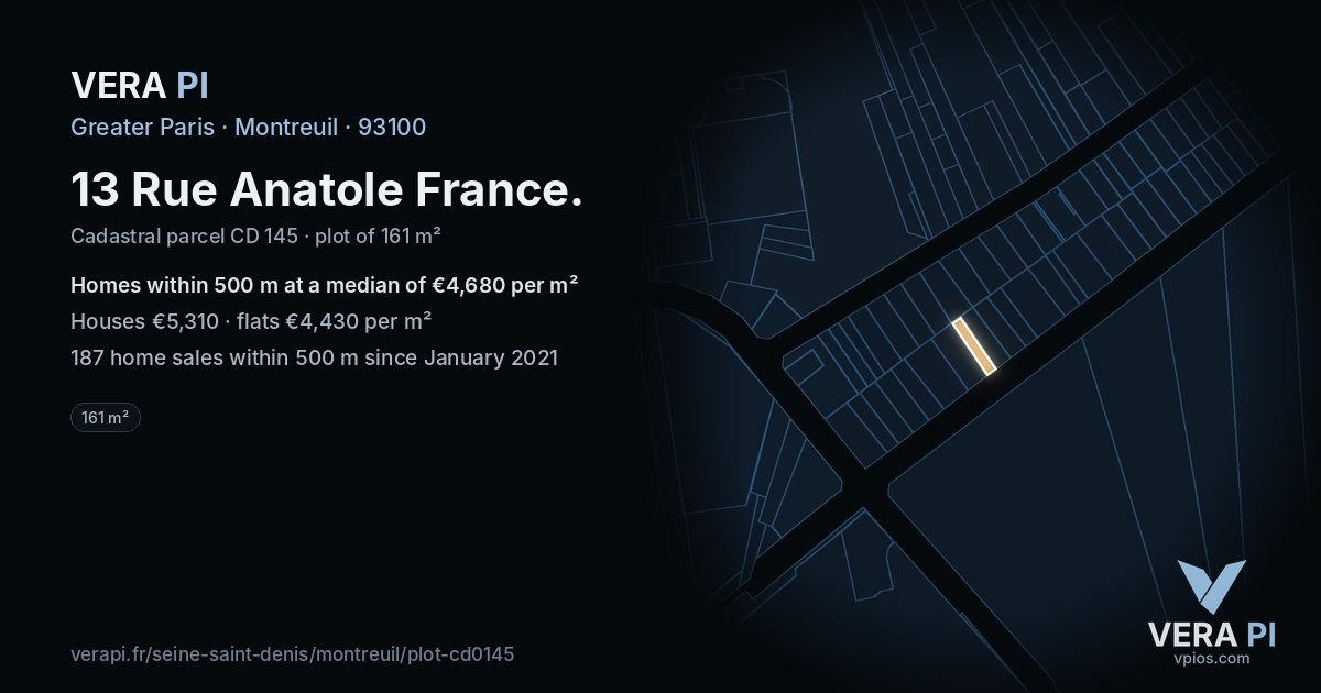 13 Rue Anatole France, Montreuil at night – the plot lit, the parcels around coloured by the prices near them