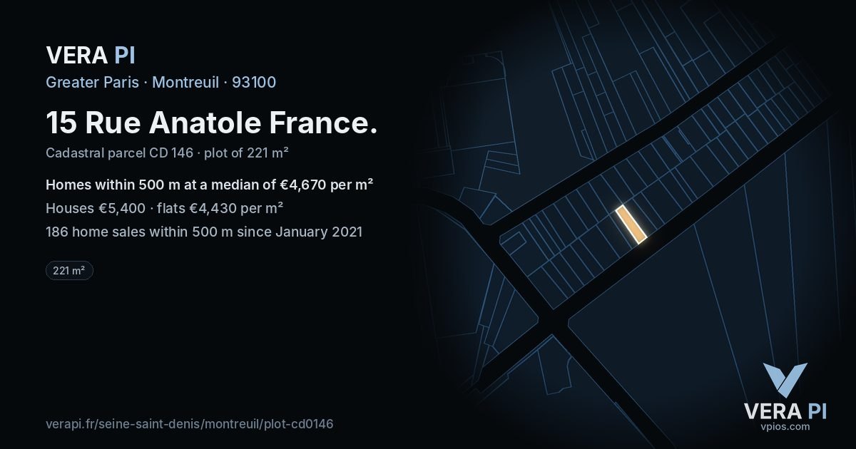 15 Rue Anatole France, Montreuil at night – the plot lit, the parcels around coloured by the prices near them