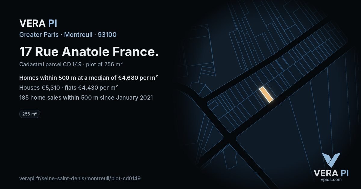 17 Rue Anatole France, Montreuil at night – the plot lit, the parcels around coloured by the prices near them