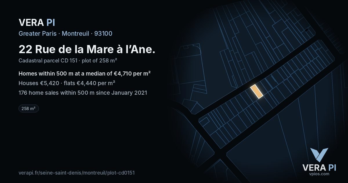 22 Rue de la Mare à l’Ane, Montreuil at night – the plot lit, the parcels around coloured by the prices near them
