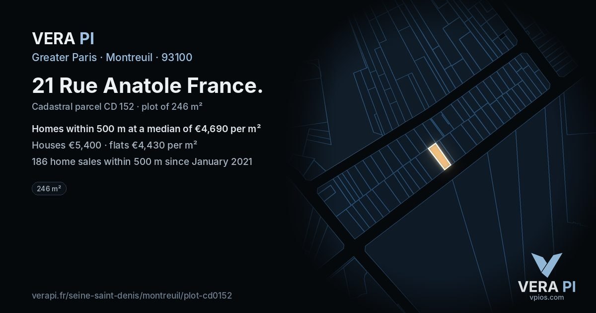 21 Rue Anatole France, Montreuil at night – the plot lit, the parcels around coloured by the prices near them