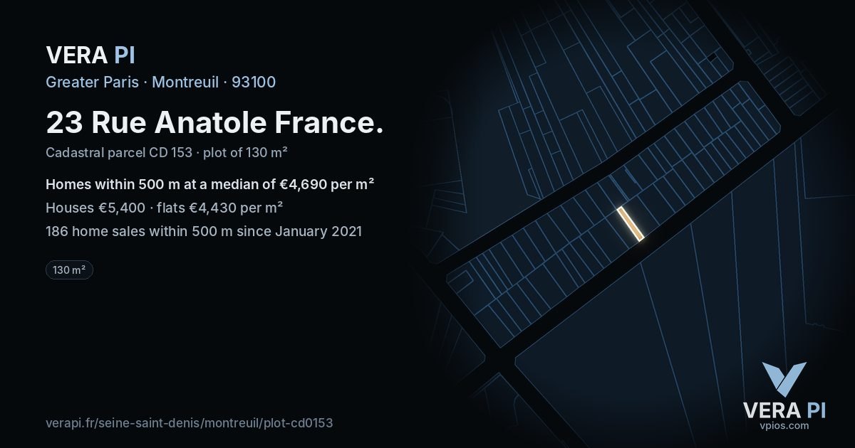 23 Rue Anatole France, Montreuil at night – the plot lit, the parcels around coloured by the prices near them