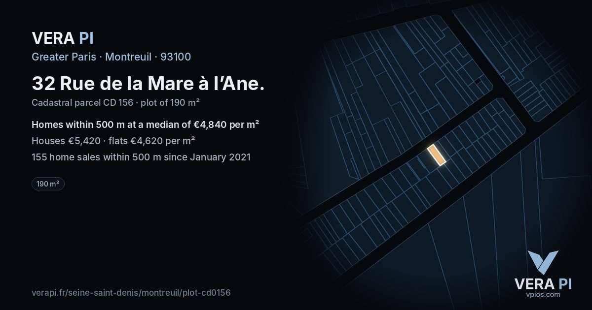 32 Rue de la Mare à l’Ane, Montreuil at night – the plot lit, the parcels around coloured by the prices near them