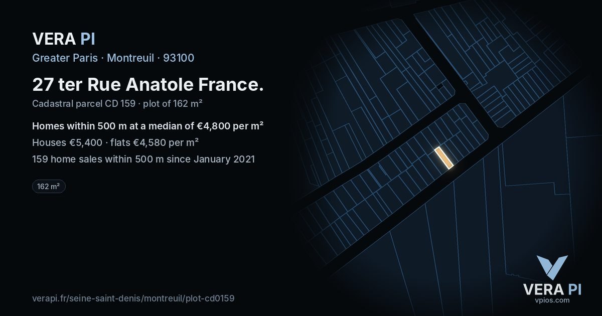 27 ter Rue Anatole France, Montreuil at night – the plot lit, the parcels around coloured by the prices near them