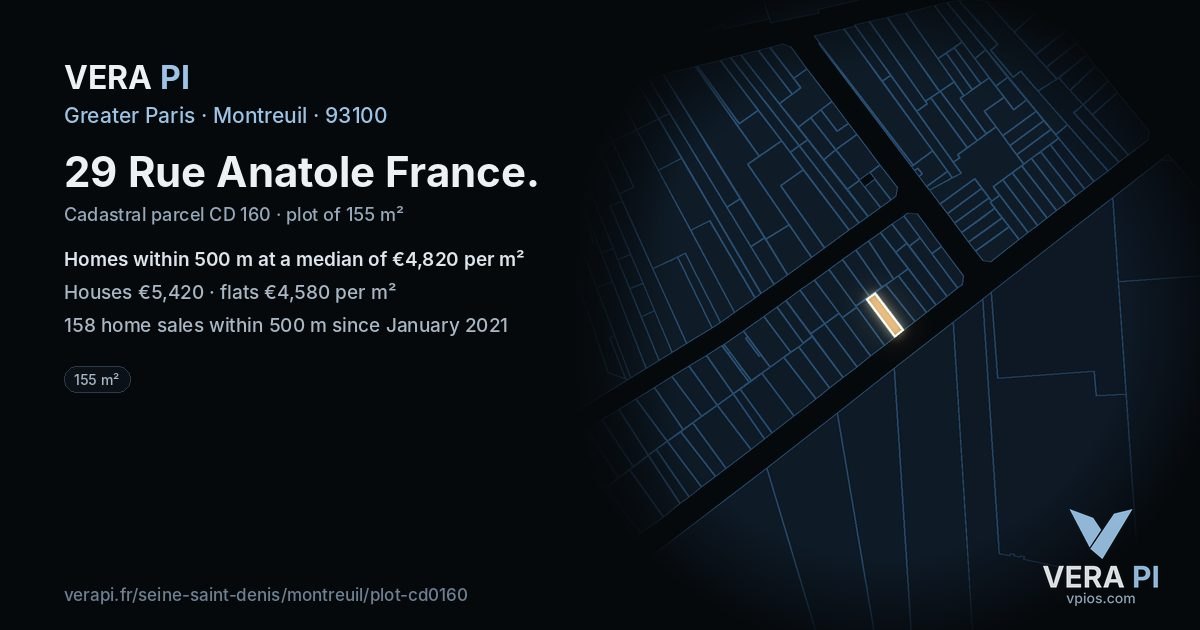 29 Rue Anatole France, Montreuil at night – the plot lit, the parcels around coloured by the prices near them