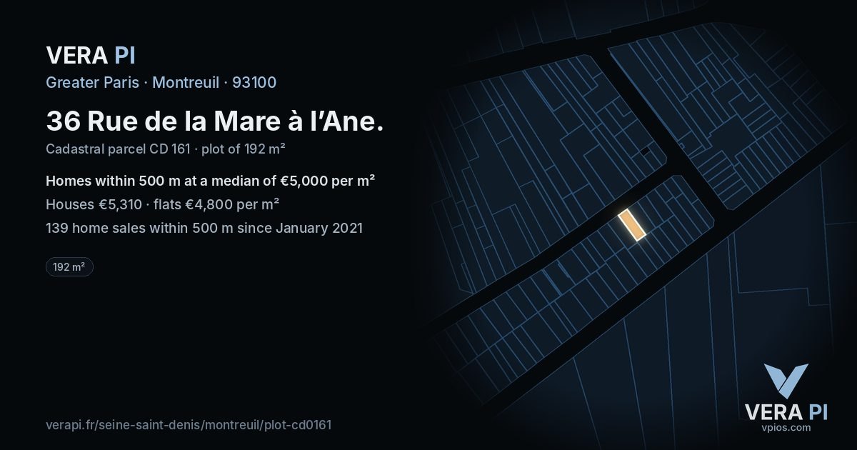 36 Rue de la Mare à l’Ane, Montreuil at night – the plot lit, the parcels around coloured by the prices near them
