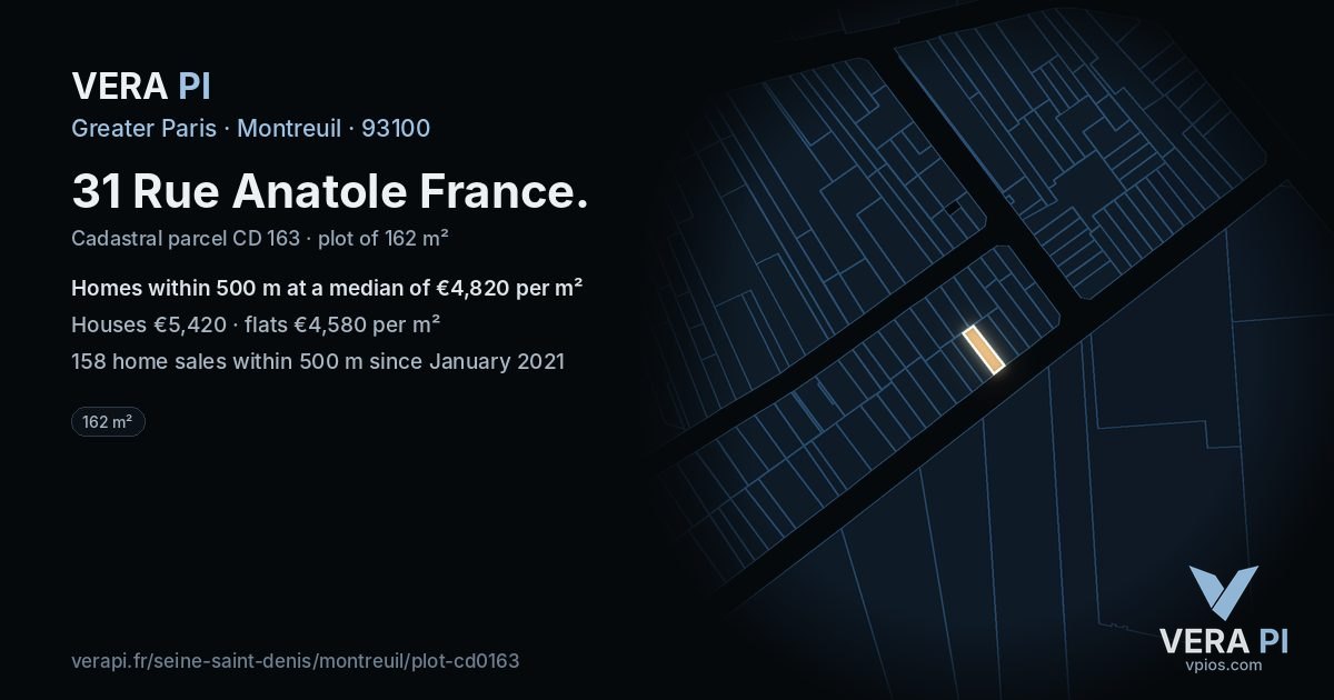 31 Rue Anatole France, Montreuil at night – the plot lit, the parcels around coloured by the prices near them