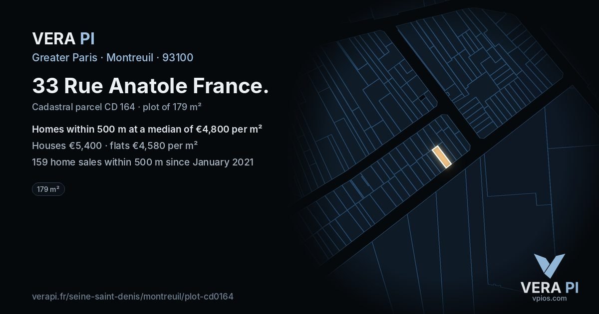33 Rue Anatole France, Montreuil at night – the plot lit, the parcels around coloured by the prices near them