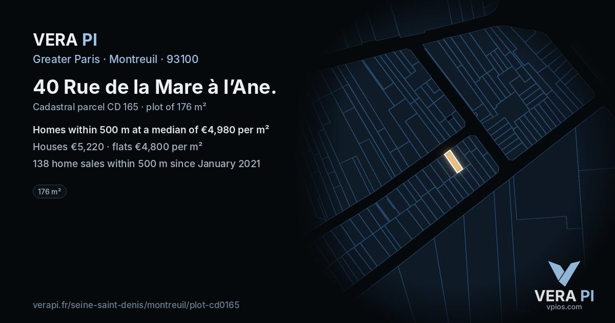 40 Rue de la Mare à l’Ane, Montreuil at night – the plot lit, the parcels around coloured by the prices near them
