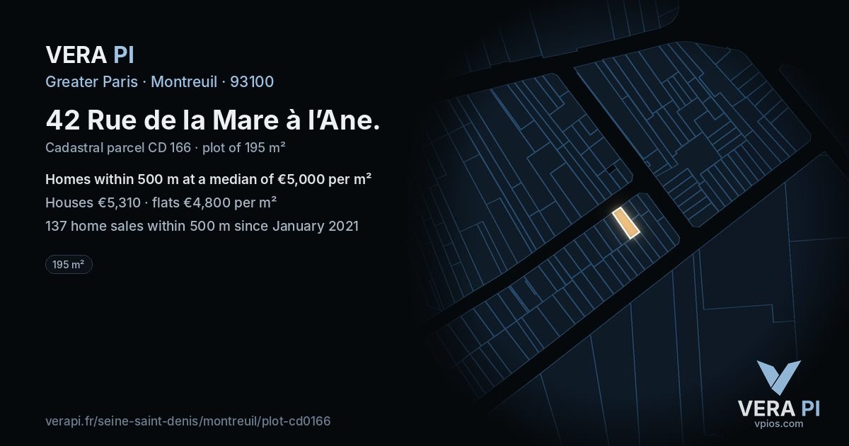42 Rue de la Mare à l’Ane, Montreuil at night – the plot lit, the parcels around coloured by the prices near them