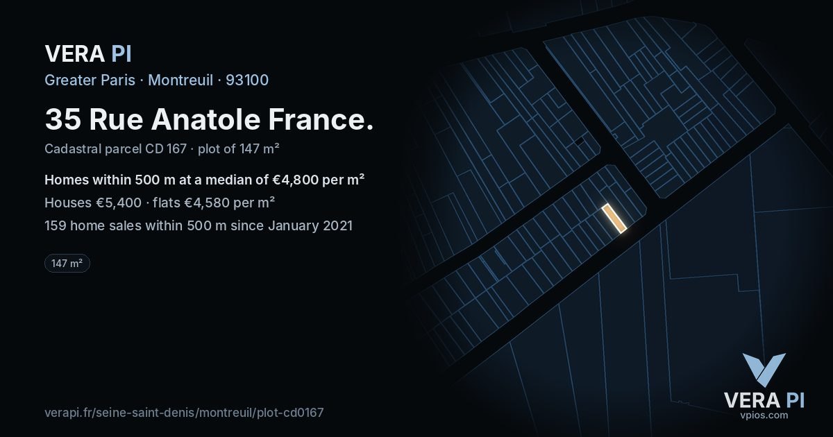 35 Rue Anatole France, Montreuil at night – the plot lit, the parcels around coloured by the prices near them
