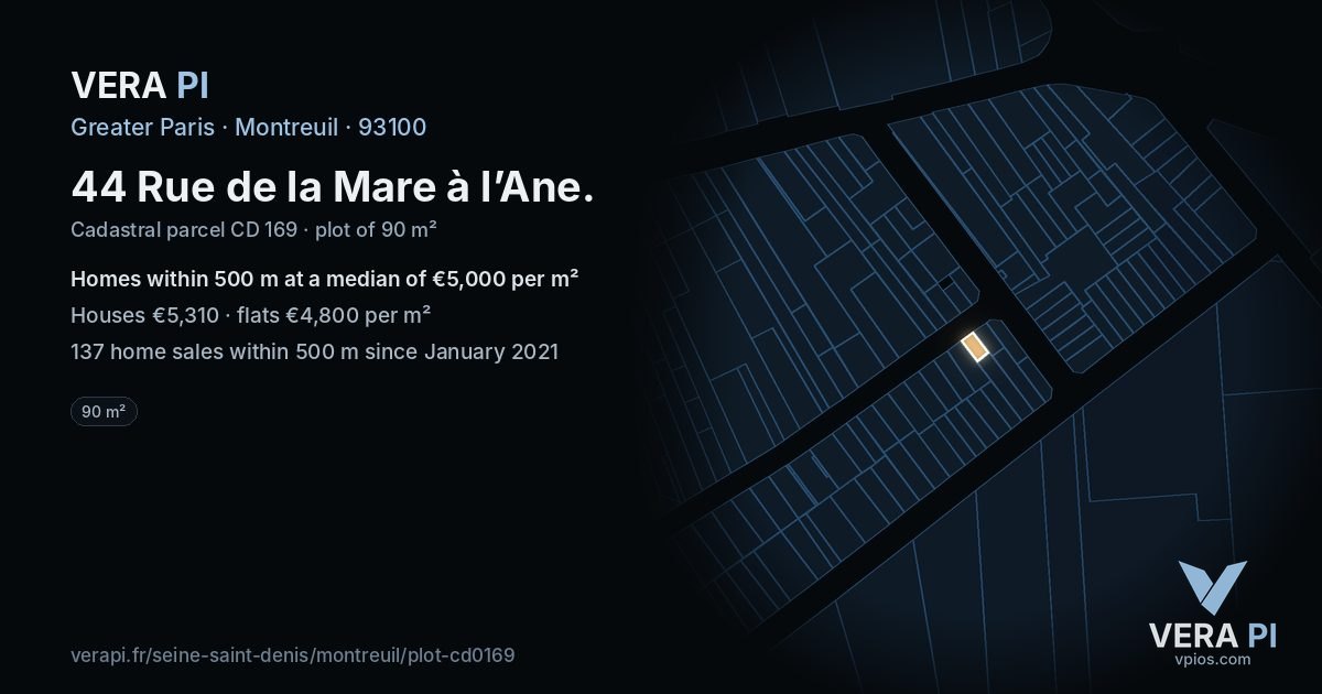 44 Rue de la Mare à l’Ane, Montreuil at night – the plot lit, the parcels around coloured by the prices near them