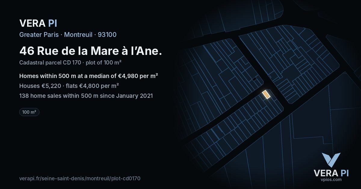 46 Rue de la Mare à l’Ane, Montreuil at night – the plot lit, the parcels around coloured by the prices near them