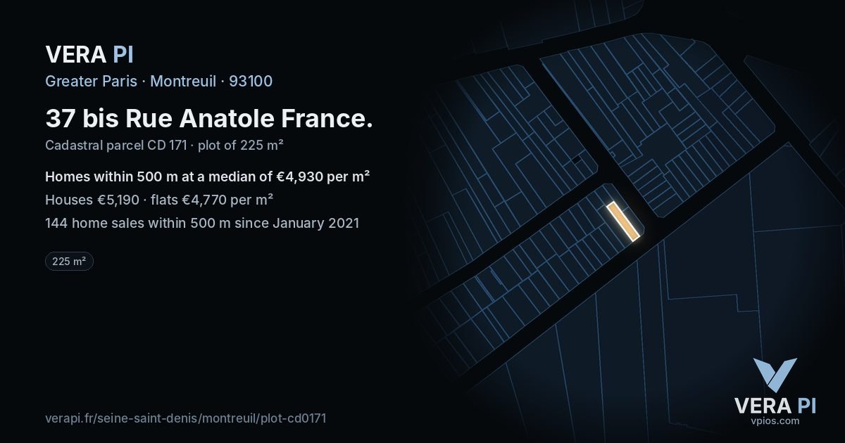 37 bis Rue Anatole France, Montreuil at night – the plot lit, the parcels around coloured by the prices near them