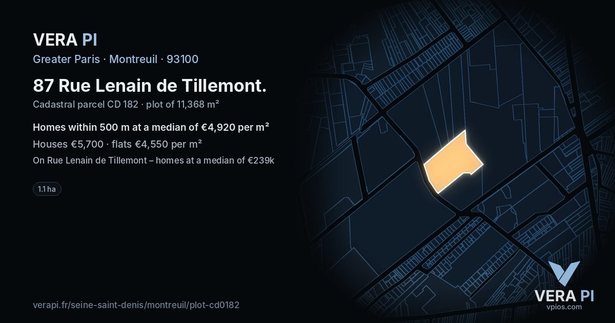 87 Rue Lenain de Tillemont, Montreuil at night – the plot lit, the parcels around coloured by the prices near them