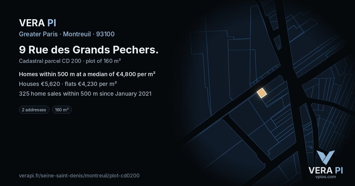 9 Rue des Grands Pechers, Montreuil at night – the plot lit, the parcels around coloured by the prices near them