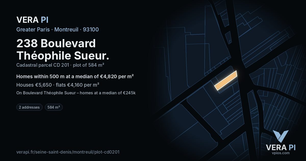 238 Boulevard Théophile Sueur, Montreuil at night – the plot lit, the parcels around coloured by the prices near them