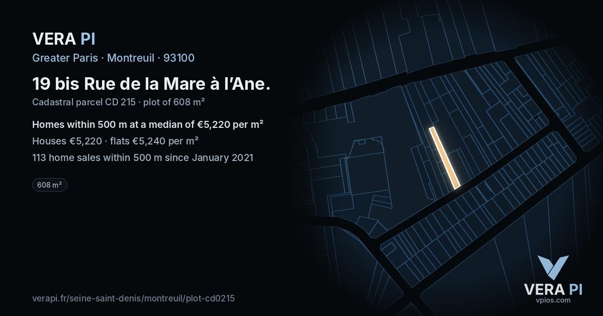 19 bis Rue de la Mare à l’Ane, Montreuil at night – the plot lit, the parcels around coloured by the prices near them