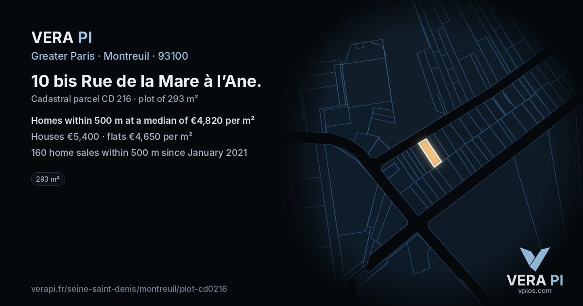 10 bis Rue de la Mare à l’Ane, Montreuil at night – the plot lit, the parcels around coloured by the prices near them