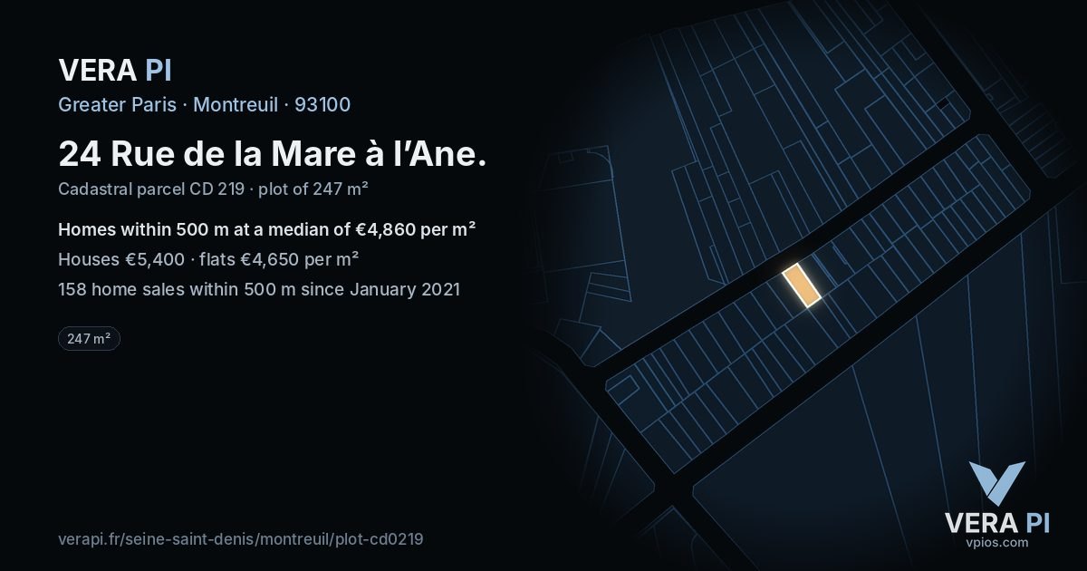 24 Rue de la Mare à l’Ane, Montreuil at night – the plot lit, the parcels around coloured by the prices near them