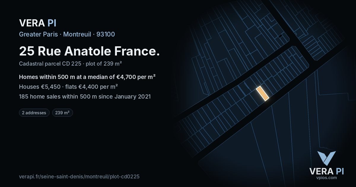 25 Rue Anatole France, Montreuil at night – the plot lit, the parcels around coloured by the prices near them