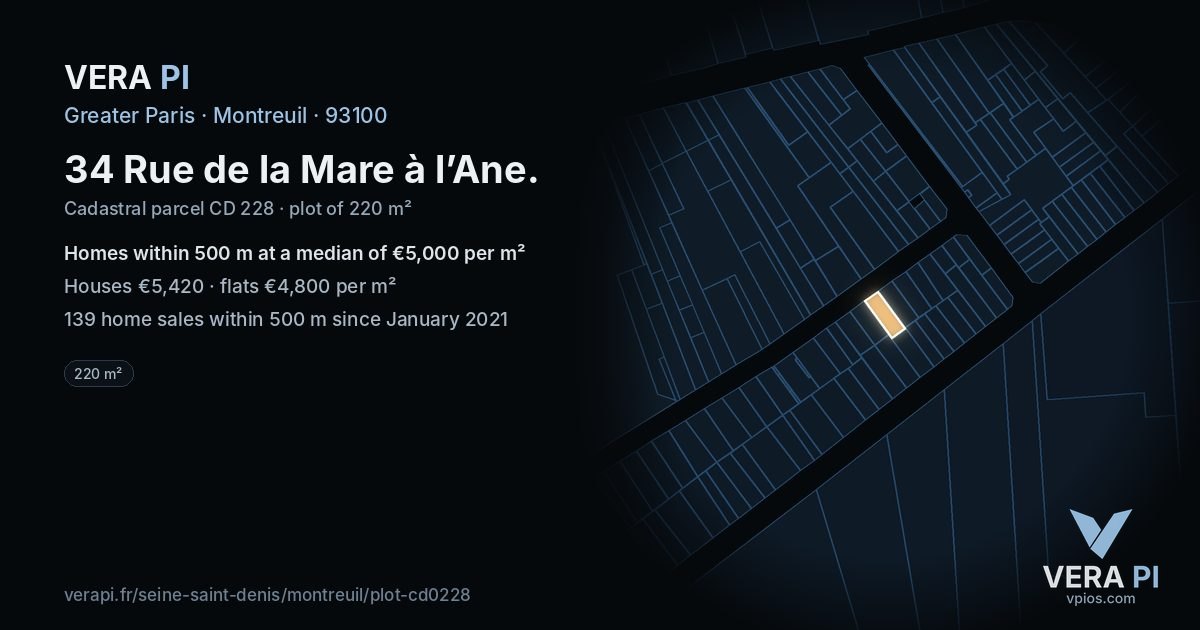 34 Rue de la Mare à l’Ane, Montreuil at night – the plot lit, the parcels around coloured by the prices near them