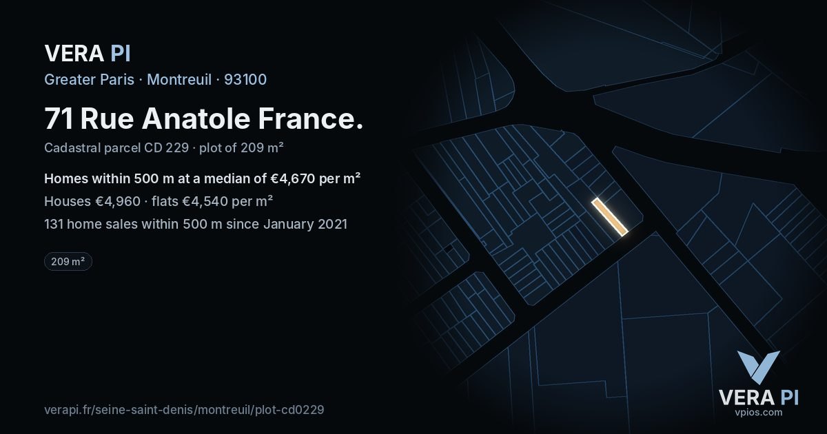 71 Rue Anatole France, Montreuil at night – the plot lit, the parcels around coloured by the prices near them