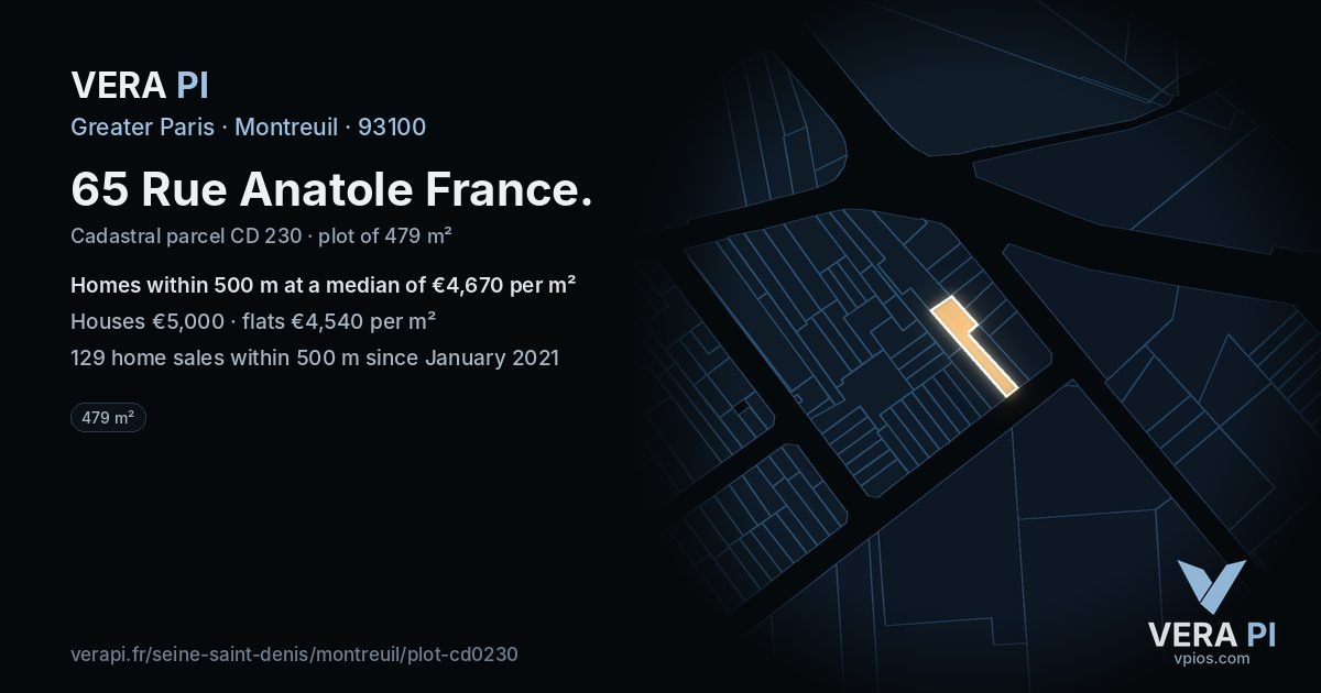65 Rue Anatole France, Montreuil at night – the plot lit, the parcels around coloured by the prices near them