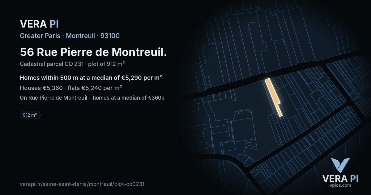 56 Rue Pierre de Montreuil, Montreuil at night – the plot lit, the parcels around coloured by the prices near them