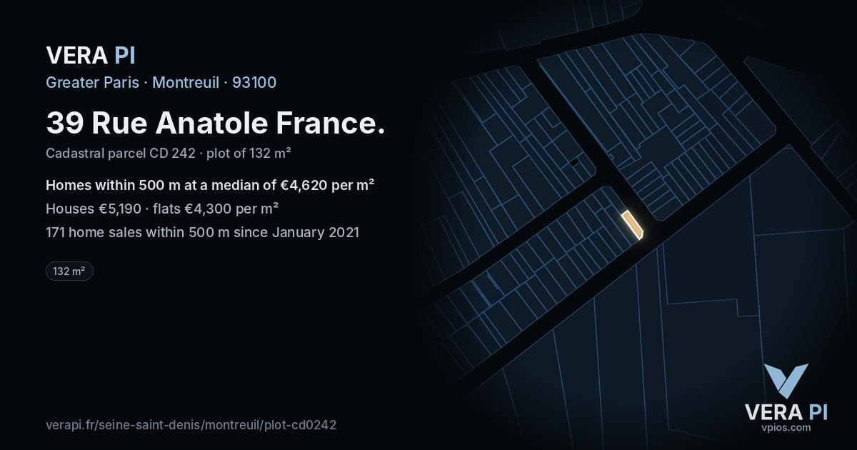 39 Rue Anatole France, Montreuil at night – the plot lit, the parcels around coloured by the prices near them