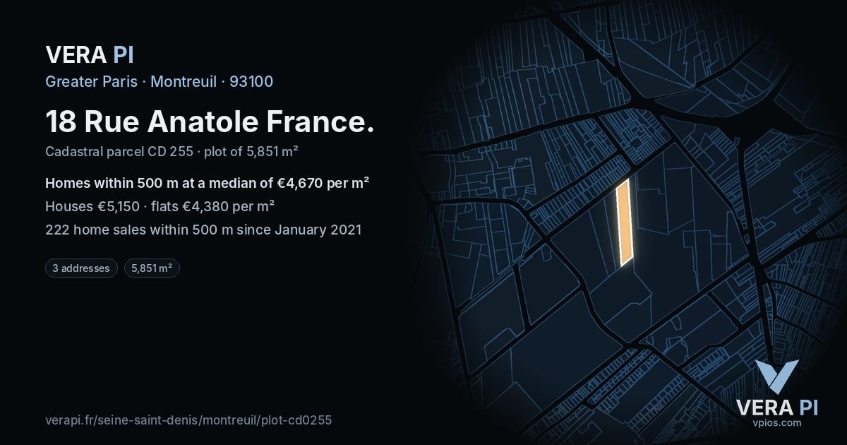 18 Rue Anatole France, Montreuil at night – the plot lit, the parcels around coloured by the prices near them