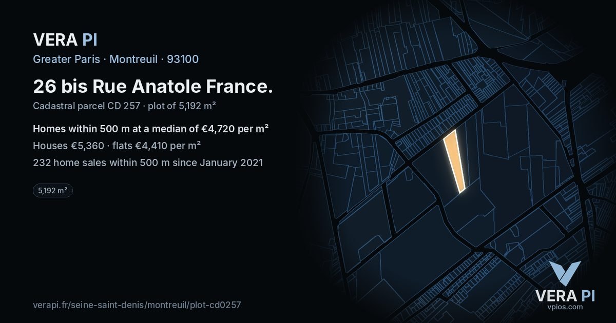 26 bis Rue Anatole France, Montreuil at night – the plot lit, the parcels around coloured by the prices near them