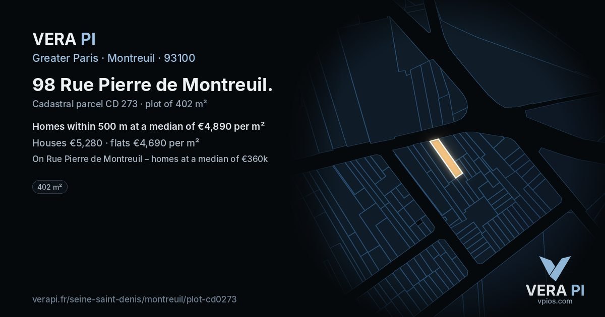 98 Rue Pierre de Montreuil, Montreuil at night – the plot lit, the parcels around coloured by the prices near them
