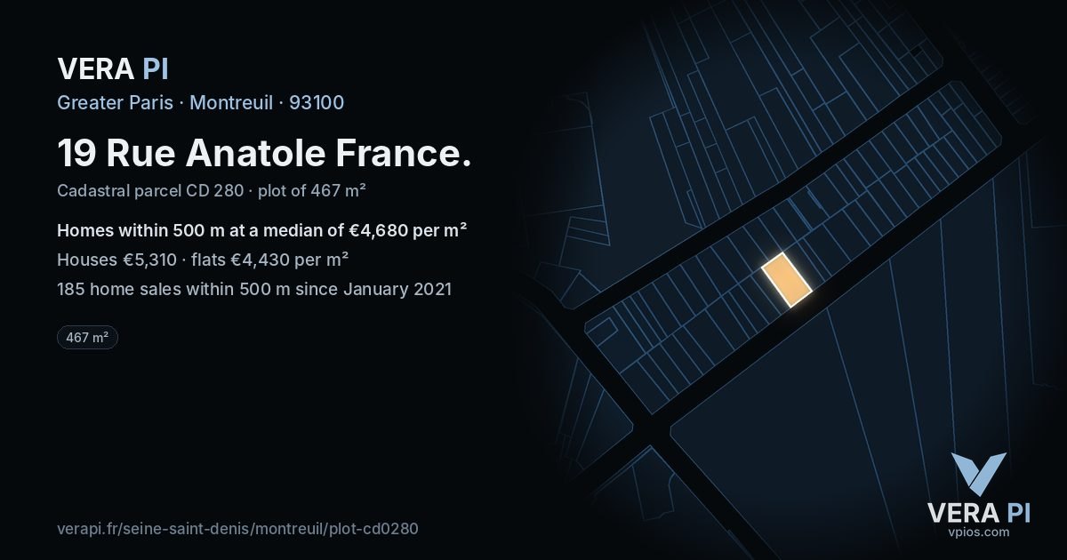 19 Rue Anatole France, Montreuil at night – the plot lit, the parcels around coloured by the prices near them