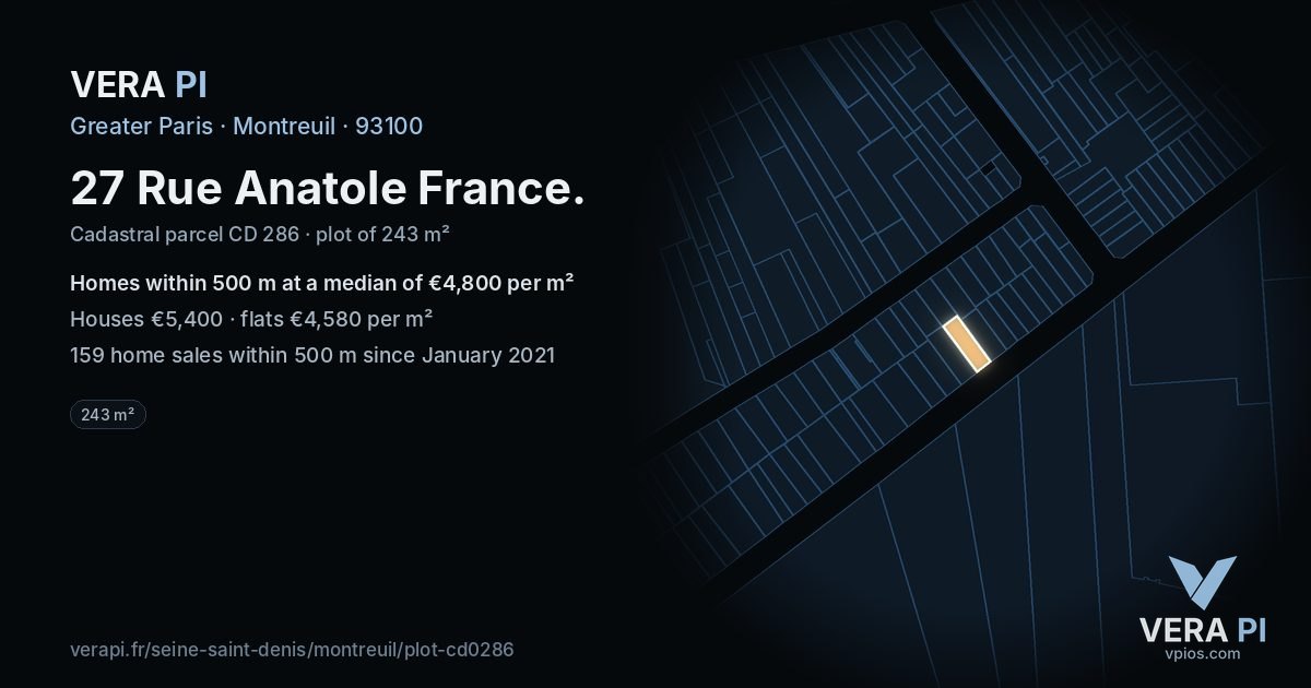 27 Rue Anatole France, Montreuil at night – the plot lit, the parcels around coloured by the prices near them