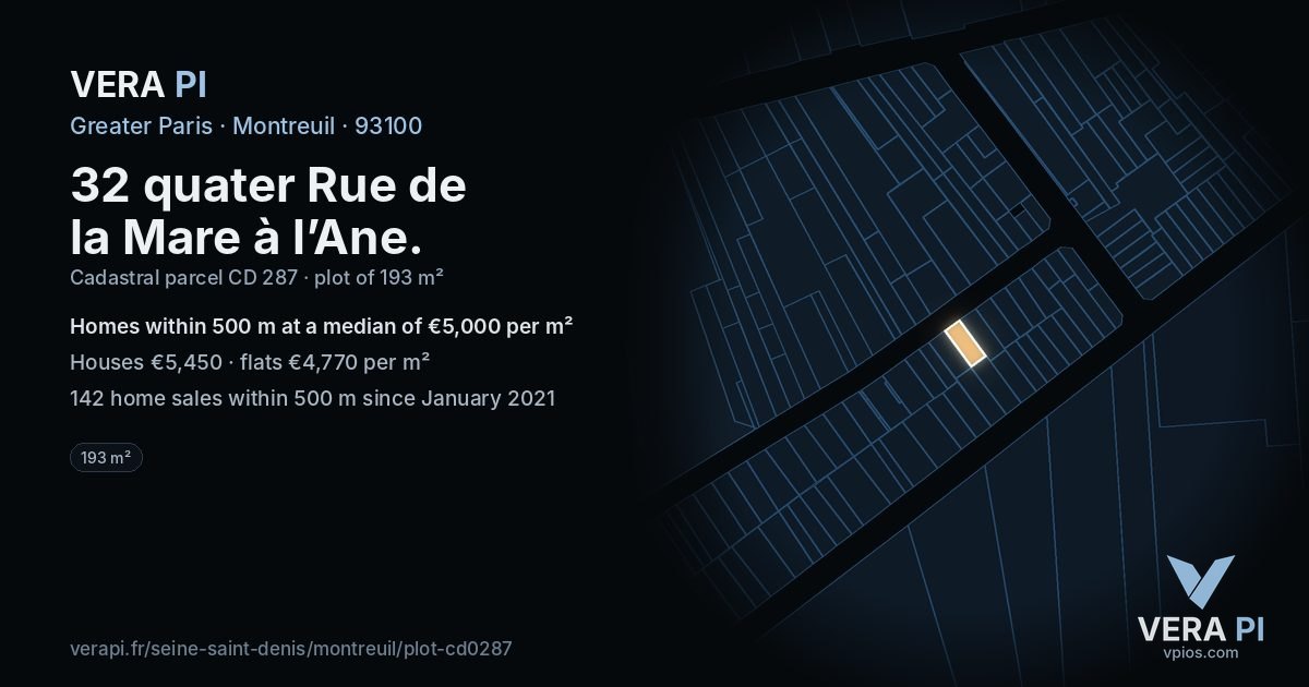 32 quater Rue de la Mare à l’Ane, Montreuil at night – the plot lit, the parcels around coloured by the prices near them