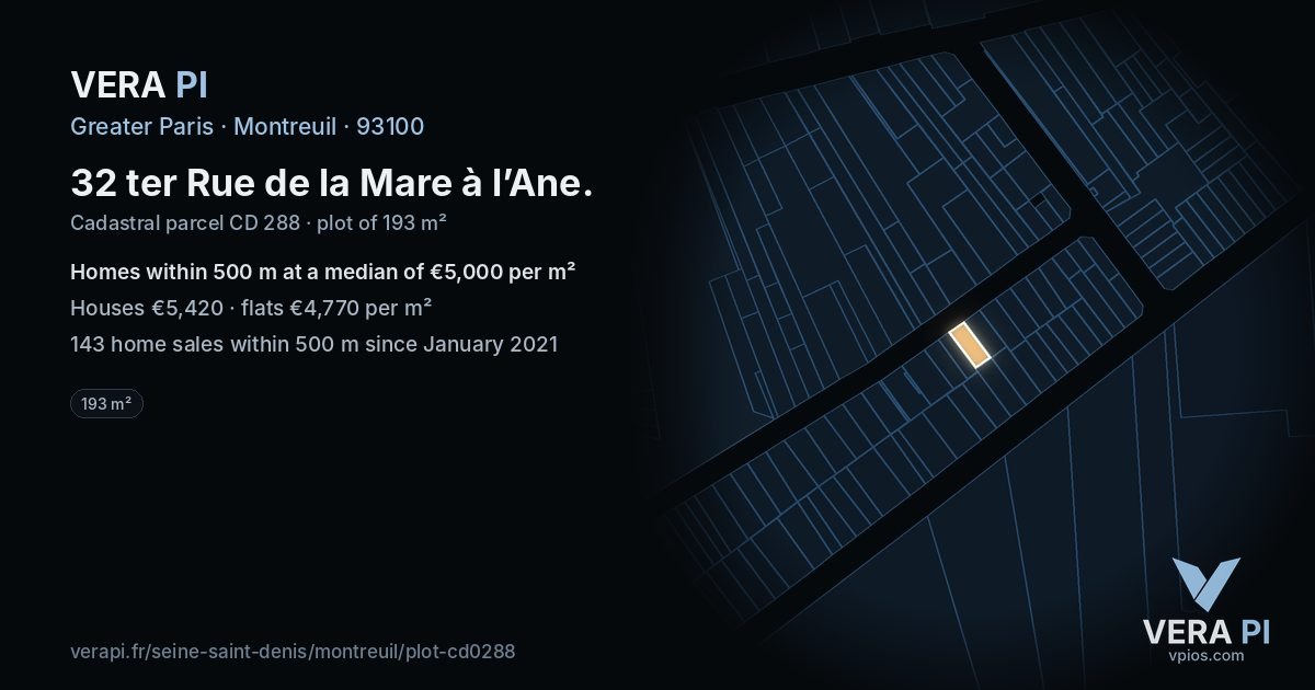 32 ter Rue de la Mare à l’Ane, Montreuil at night – the plot lit, the parcels around coloured by the prices near them