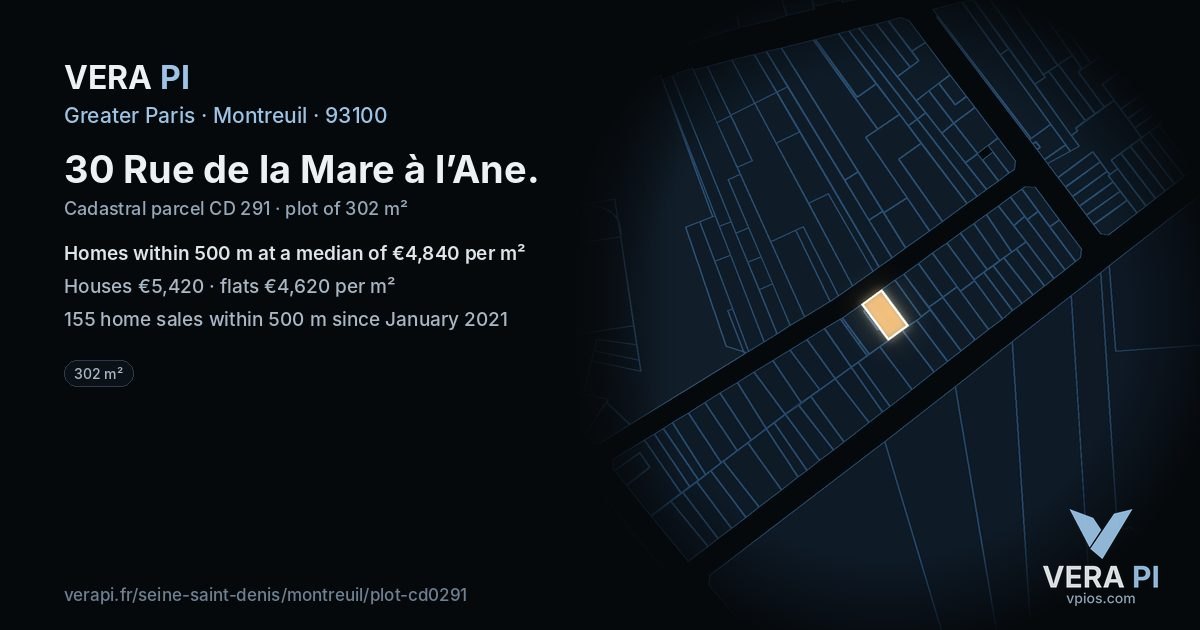 30 Rue de la Mare à l’Ane, Montreuil at night – the plot lit, the parcels around coloured by the prices near them