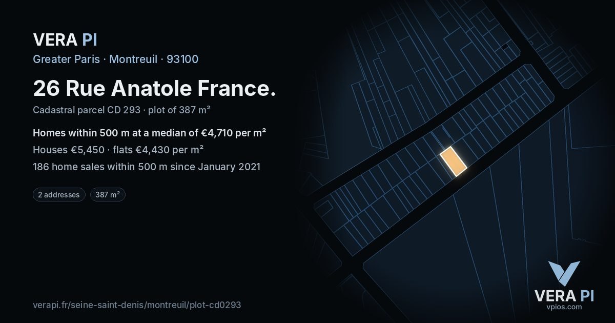 26 Rue Anatole France, Montreuil at night – the plot lit, the parcels around coloured by the prices near them