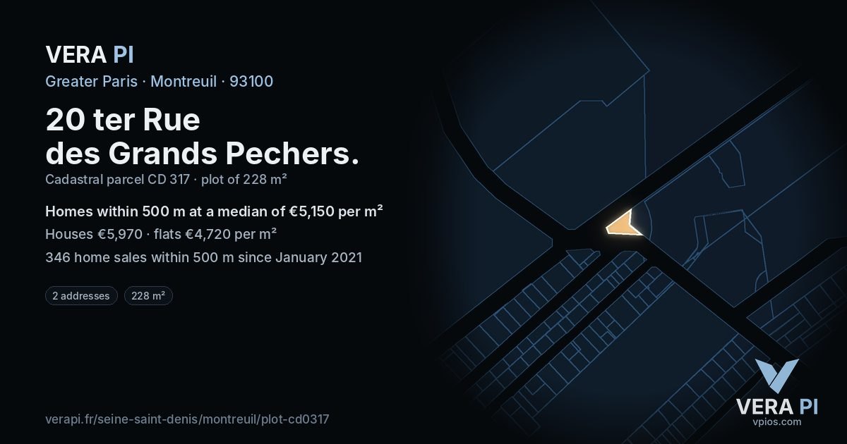20 ter Rue des Grands Pechers, Montreuil at night – the plot lit, the parcels around coloured by the prices near them