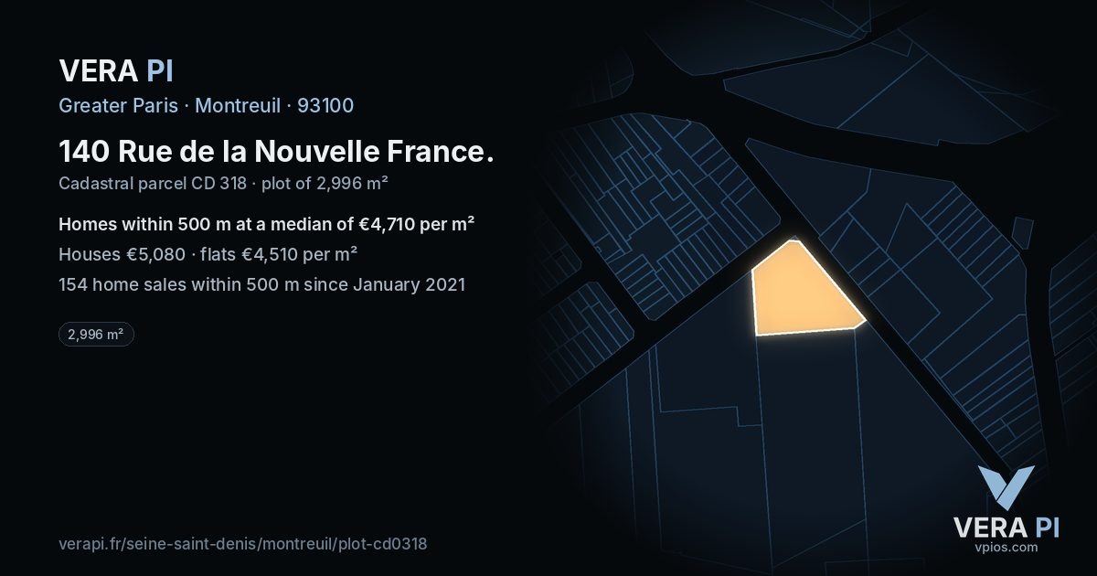 140 Rue de la Nouvelle France, Montreuil at night – the plot lit, the parcels around coloured by the prices near them