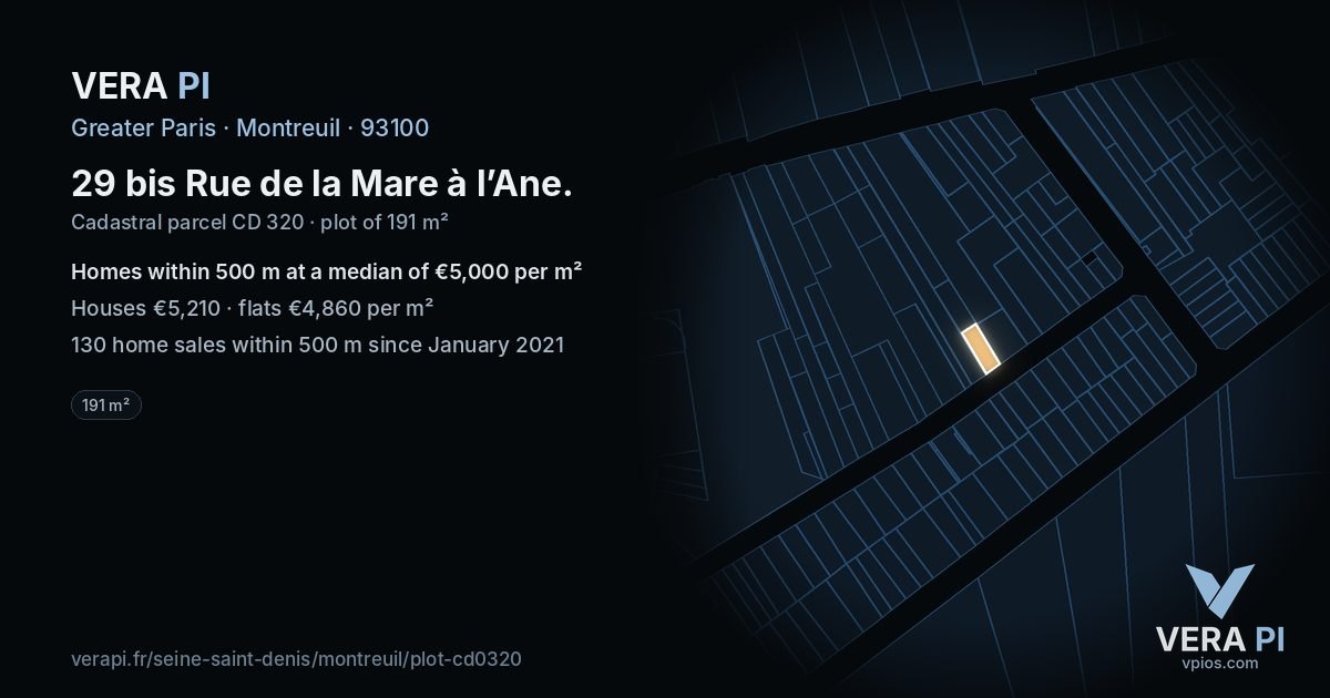 29 bis Rue de la Mare à l’Ane, Montreuil at night – the plot lit, the parcels around coloured by the prices near them