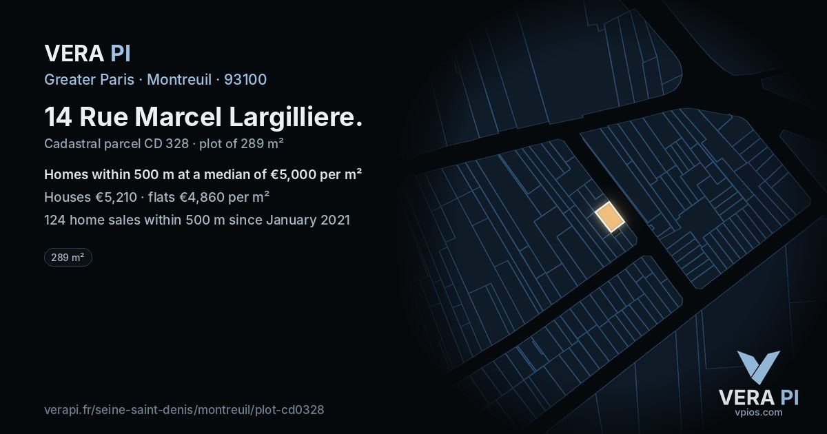 14 Rue Marcel Largilliere, Montreuil at night – the plot lit, the parcels around coloured by the prices near them