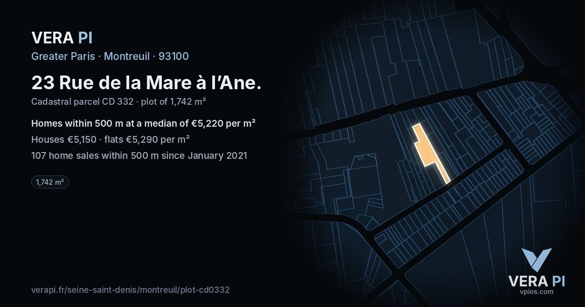 23 Rue de la Mare à l’Ane, Montreuil at night – the plot lit, the parcels around coloured by the prices near them