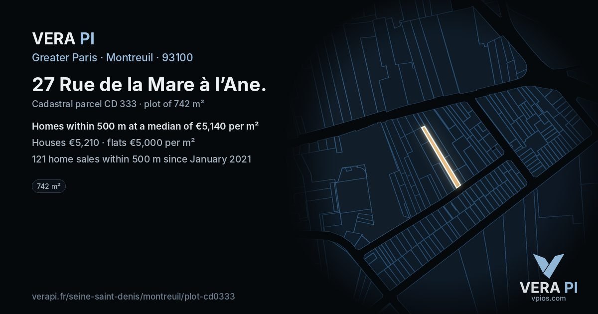 27 Rue de la Mare à l’Ane, Montreuil at night – the plot lit, the parcels around coloured by the prices near them