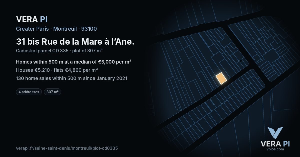 31 bis Rue de la Mare à l’Ane, Montreuil at night – the plot lit, the parcels around coloured by the prices near them