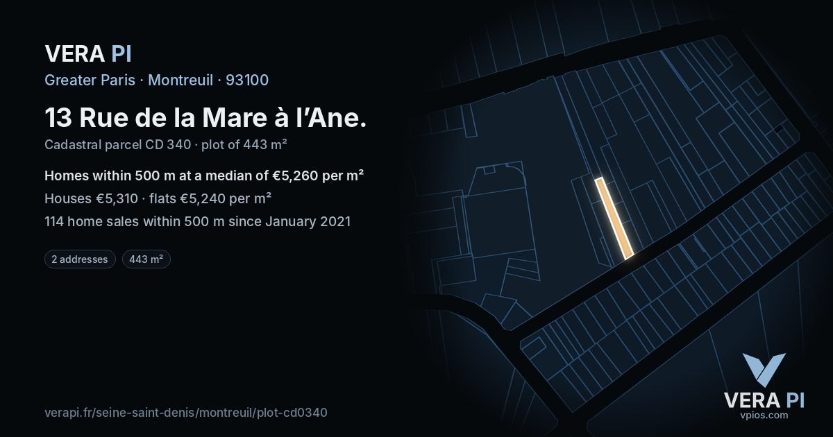 13 Rue de la Mare à l’Ane, Montreuil at night – the plot lit, the parcels around coloured by the prices near them