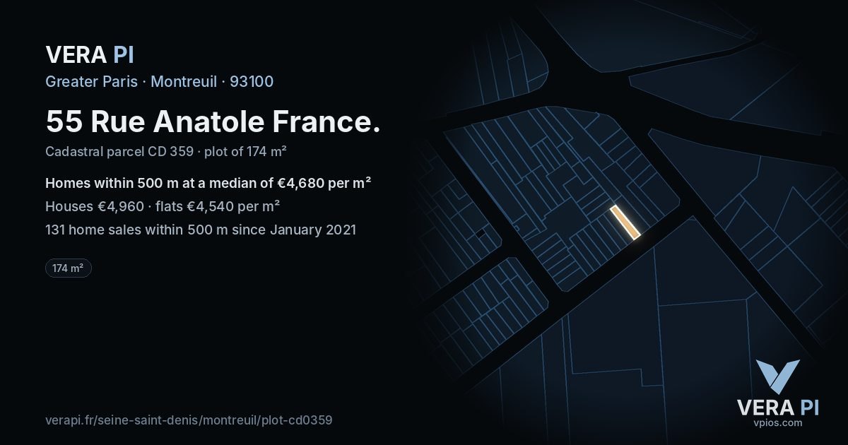 55 Rue Anatole France, Montreuil at night – the plot lit, the parcels around coloured by the prices near them